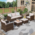 Patio Furniture Set, 5 Pcs Wicker Rattan Outdoor Conversation Set, 2 x Leg Chairs, 1 x 3 Seater Sofa and 2 x Ottoman with 4" Thick Cushion, Beige