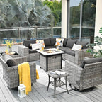 ovios 10 Pieces Patio Furniture Set, Outdoor Wicker Sectional Sofa with 30" Fire Pit Table Swivel Chairs, Modern Modular Deep Seat Rattan Couch Conversation Sets, Black