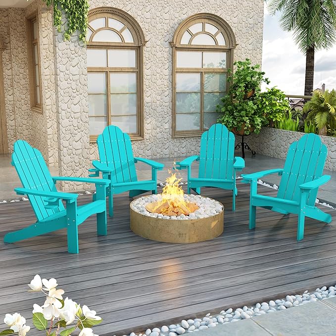 LUE BONA HDPS Adirondack Chairs Set of 2, Fire Pit Outdoor Chair Weather Resistant with Cup Holder, Modern Plastic Chair Plastic for Patio, Deck, Proch, 350LBS, Aruba Blue