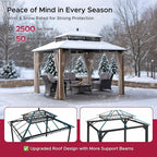 SUNJOY Kingston 12' x 10' Hardtop Gazebo with Galvanized Steel/Polycarbonate Double Roof, Curtain and Netting, Woodgrain Finish Aluminum Posts Permanent Pavilion Gazebo for Garden, Patio, Deck, Lawn