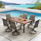 DIFY 63" Outdoor Patio Dining Table for 6, Metal Rectangular Steel Slat Patio Table with 1.57" Adjustable Umbrella Hole, Weather-Resistant for Garden Backyard Poolside Deck, Walnut