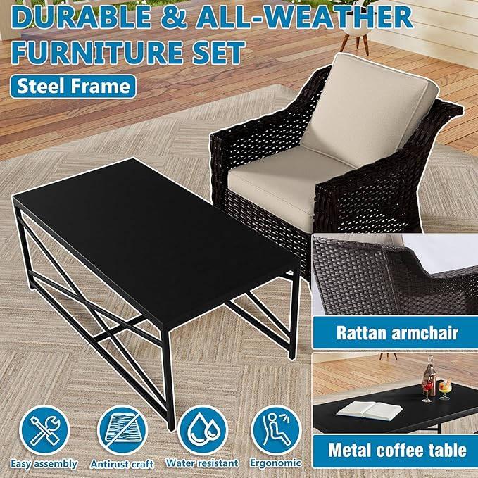 Vista Vibe 2 Pieces Outdoor Patio Conversation Furniture Set - 78" 3-seat Sofa | Metal Coffee Table, Deep Seat Loveseat, Removable Cushions, Hand-Woven PE Rattan Couch, Lawn (Brown/Beige)
