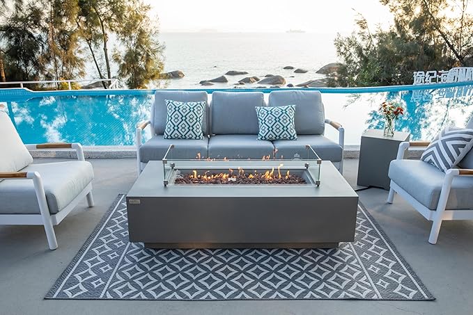 AMS Creations | Madison 60" Bundle Rectangular Propane Gas Outdoor Fire Pit Table | Light Gray Concrete GFRC | Smooth Texture or Surface | Electronic Ignition | Outside Backyard Fireplace