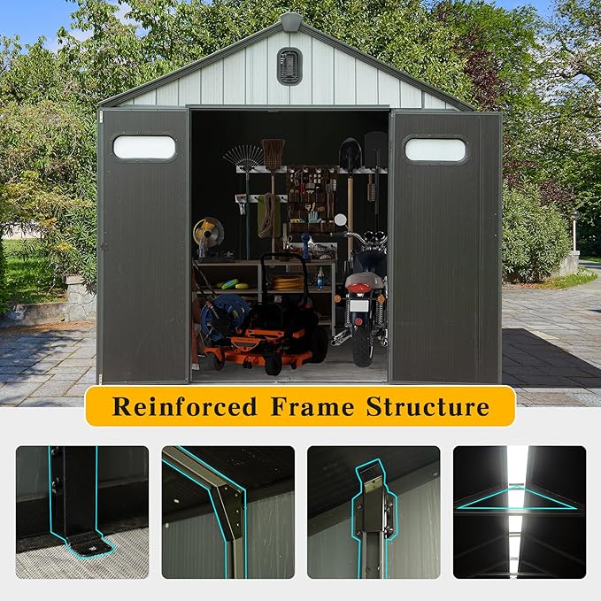 Domi 8x6FT Resin Outdoor Storage Shed with Lockable Door, Waterproof Outside Sheds with Windows & Vents, Heavy-Duty Plastic Tool Storage Shed for Patio Furniture, Lawn Mower, Bike