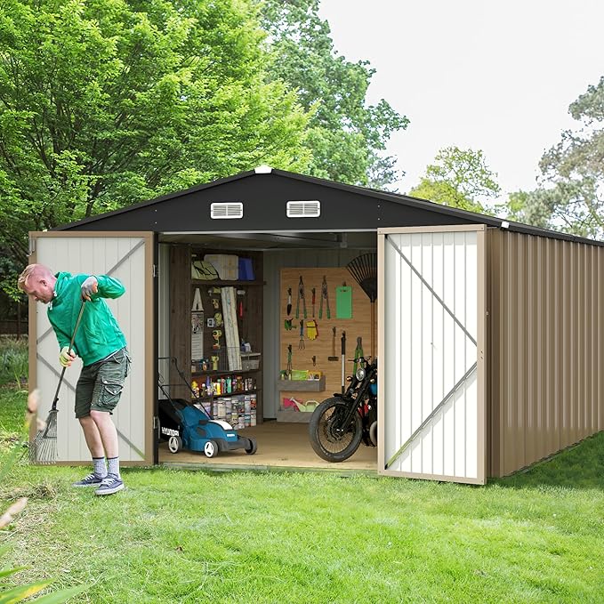 GUNJI 10 x 10 FT Shed Outdoor Storage Shed Metal Garden Shed with Lockable Door Outside Waterproof Tool Shed for Backyard, Patio, Lawn (Brown)
