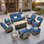 ovios 10 Pieces Patio Furniture Set, Outdoor Wicker Sofa Couch with Swivel Chairs 54" Fire Pit Table, High Back All Weather Modern Conversation Sets, Brown Rattan, Navy Blue