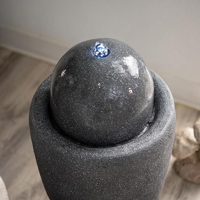 XBrand 25.98" H Blue Round Stone Indoor/Outdoor Modern Sphere Water Fountain w/LED Lights – Ball Bubbling Fountain Décor for Garden, Patio, or Tabletop