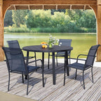 5 Pieces Round Dining Table Set for 4, Patio Dining Set Includes 4 Dark Blue Stackable Patio Chairs and 1 Black Round Table, Patio Furniture Setss with Sling Support for Outside, Garden