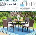 PHI VILLA 5 Piece Outdoor Dining Set for 4, 37" Square Metal Dining Table & 4 Cushioned Rattan Wicker Chairs for Patio, Deck, Yard, Porch