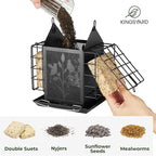 Kingsyard Metal Bird Feeder for Outdoor Hanging, Wild Bird Feeder with Double Suet Cage, Weatherproof Roof and 3 lbs Large Seed Capacity, Black