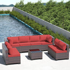 Outdoor Patio Furniture Set, 9 Pieces Outdoor Furniture All Weather Patio Sectional Sofa PE Wicker Modular Conversation Sets with Coffee Table,8 Chairs & Seat Clips(Red)