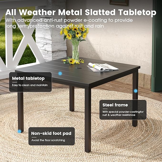 DIFY 40.2" Square Patio Dining Table for 4, Outdoor Metal Dining Table with 1.57" Umbrella Hole for Backyard Lawn Garden, Black