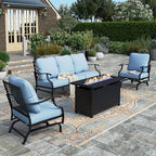 HERA'S HOUSE 4 Pieces Patio Furniture Set with Fire Pit Table, 2 x Rocking Chair, 3-Seat Sofa with 45" Fire Pit Table, Outdoor Conversation Set for Garden, Poolside, Backyard, Blue