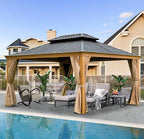 Domi Outdoor Living 12’x16’ Hardtop Gazebo, Wooden Coated Aluminum Frame Canopy with Galvanized Steel Double Roof, Outdoor Permanent Metal Pavilion with Curtains and Netting for Patio, Deck and Lawn