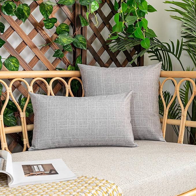 Kevin Textile Pack of 2 Outdoor Waterproof Pillow Covers Throw Pillow Covers Decorative Pillowcases Checkered Weaving Linen Pillow Cases for Sofa Couch Patio Garden 24x24 Inch Grey