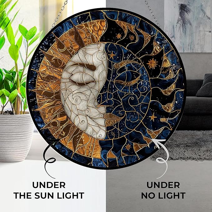 Customized Sun and Moon Stained Glass Suncatcher Stained Glass Window Hanging Home Decor Garden Halloween Christmas Party Wedding Housewarming Gifts