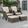 4 Piece Patio Furniture Set, 2 Chairs and 2 Ottomans PE Wicker Footstool, Outdoors Rattan Conversation Set with Deep Seating and Olefin Cushions, for Backyard, Garden, Beige