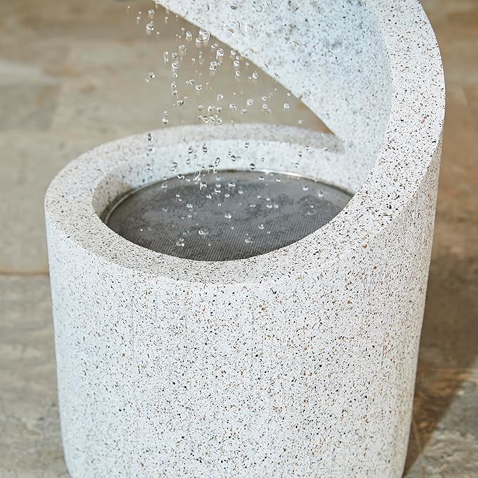 Glitzhome Decorative Tiered Outdoor Water Fountain with LED Light, Curved Waterfall Fountain with Stone Planter, Faux Terrazzo Spiral Shaped Fountains for Garden Deck Patio Porch, 31.25”H