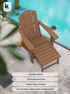 KINGYES Folding Adjustable Adirondack Chair with Ottoman & 2 Cup Holders Set of 2, HDEP Multifunctional Adirondack Chair with Footrest, Brown
