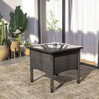 Outdoor PE Rattan Side Table, Modern Wicker Coffee End Table with Glass Top for Yard, Balcony, Garden or Livingroom, Brown