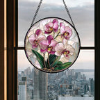 Stained Glass Window Hanging - Pink Purple Phalaenopsis Flowers Sun Catcher for Door Home Decor Plant Suncatcher Christmas Mother's Day Birthday Gifts for Women Men Mom Nana 6.3 in