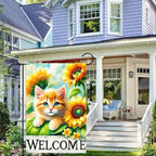 Spring Garden Flag 12x18 Inches Double Sided Cute Cat Welcome Yard Flags Sunflower Summer Seasonal Flower for Outside Decor Home Farmhouse Holiday Decorations