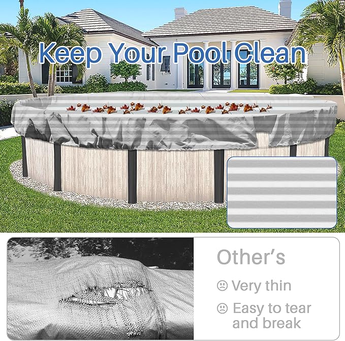 ECOOPTS 9 ft Round Pool Cover for Above Ground Pools, Swimming Pool Cover Protector Winter Safety Cover (Gray White Stripes)