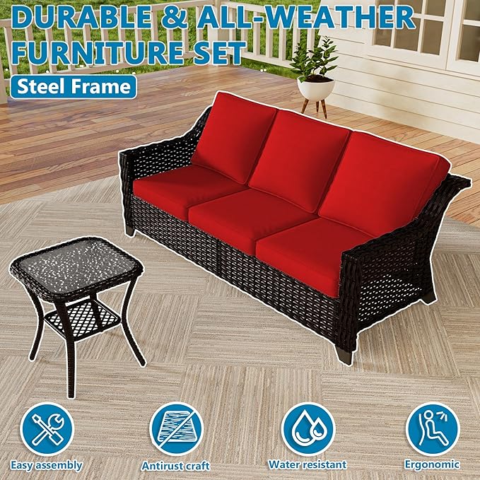 Vista Vibe 4 Pieces Outdoor Patio Conversation Furniture Set - 78" 3-Seat Sofa | 2 Swivel Glider Rocker Chairs | Wicker End Table, Rattan Loveseat, Upholstered Couch, Garden, Deck (Brown/Red)