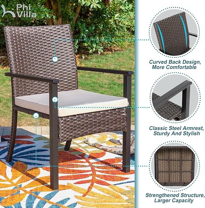 PHI VILLA 7 Pieces Outdoor Dining Set with Umbrella for 6, Rectangular Wood-Top Metal Table & Wicker Chairs with Cushions & 13ft Red Umbrella, Modern Dining Furniture Set for Patio,Deck,Backyard