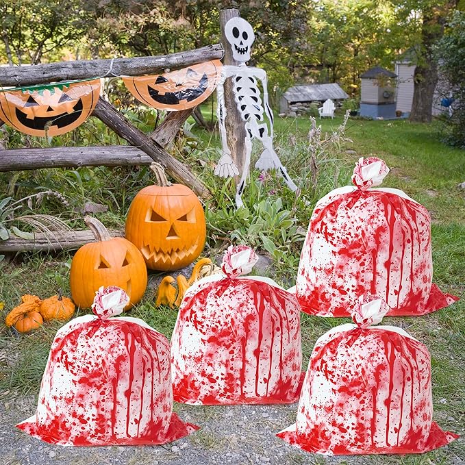 CNhoqc Halloween Lawn Leaf Bags - 16Pcs Halloween Bloody-Themed Thick Plastic Garbage Bags with Twist Ties, Fall Yard Leaf Trash Equiement, Reusable Plastic for Garden Outdoor Decorations Party Favor