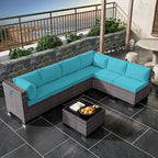 Outdoor Patio Furniture Set, 7 Pieces Outdoor Furniture All Weather Patio Sectional Sofa PE Wicker Modular Conversation Sets with Coffee Table,6 Chairs & Seat Clips(Turquoise Blue)