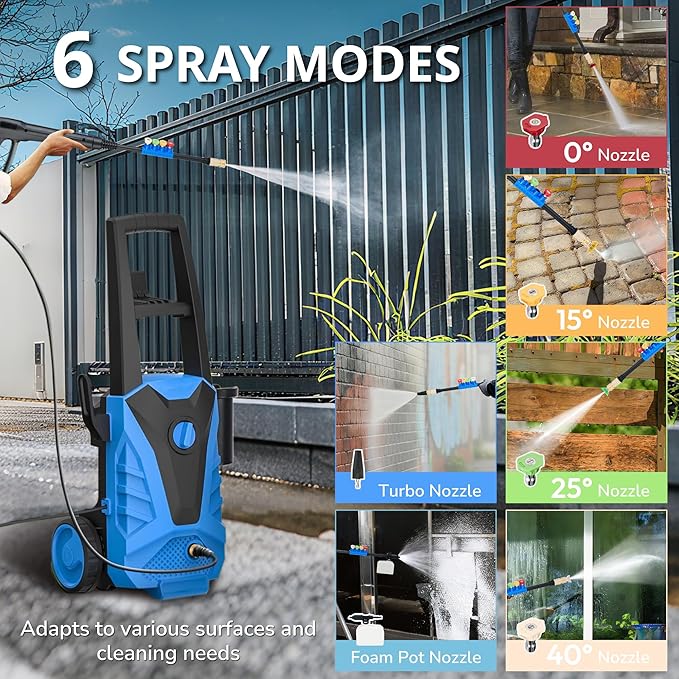 Electric Pressure Washer, 2100 Max PSI 2.0 Max GPM with Anti-Tipping Technology, Onboard Soap Tank, 4-Nozzle Set, for Cars/Fences/Driveways/Home/Patios, Blue