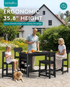 SERWALL Outdoor Bar Table and Chairs Set, 5-Piece HDPE Counter Height Patio Dining Sets with Storage and Wine Rack, Rectangular High Top Bar Table with 4 Bar Stools for Garden, Backyard, Black