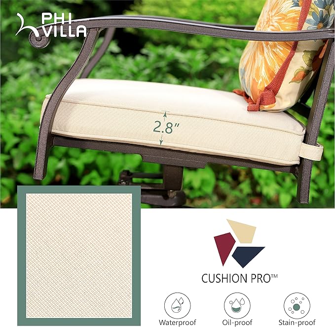 PHI VILLA Outdoor Patio Aluminum Dining Chairs Set of 2, Extra Wide Armrest Stable Chairs with 2.8" Seat Cushion, Casting Frame for All Weather