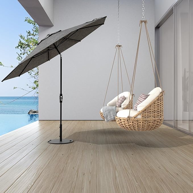 Midtown Umbrellas The Swilt 8 Feet Patio Umbrella in Sunbrella Cast Slate Acrylic Fabric - Fiberglass Ribs, Auto-Tilt Aluminum Frame For Backyard, Deck, Garden, Pool - White Pole