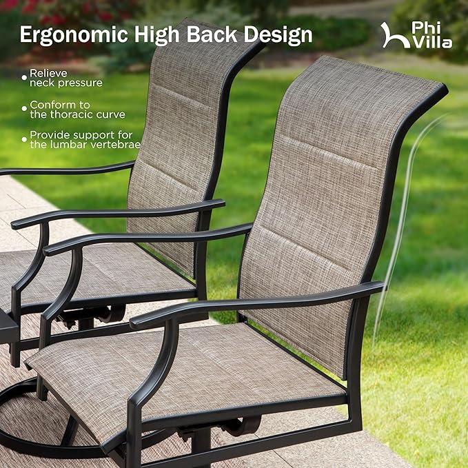 PHI VILLA Swivel Patio Dining Chair with 42" High Back, Padded Textilene Deep Seating Outdoor Chairs with Armrest & E-Coating Frame, All Weather-Resistant for Deck Lawn Garden, Set of 4