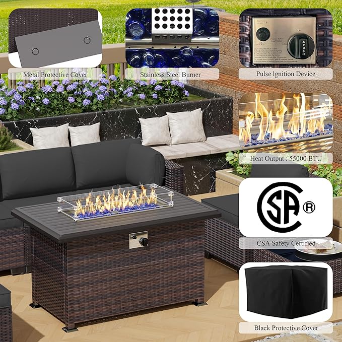 Outdoor Patio Furniture Set with Propane Fire Pit Table, 15 Pieces Furniture Patio Sectional Sofa Conversation Sets w/ETL Approved 43" Gas Outdoor Fire Table & Coffee Table(Grey)
