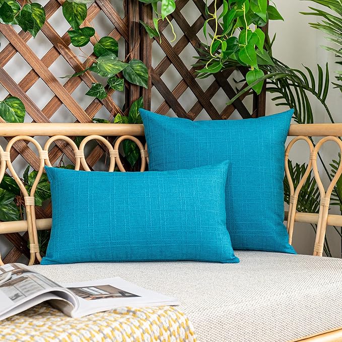 Kevin Textile Pack of 2 Outdoor Waterproof Throw Pillow Covers Decorative Square Outdoor Checkered Pillows Cushion Case Patio Pillows for Couch 12x20 inches 30x50 cm Peacock Blue