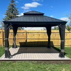 PURPLE LEAF 12' X 12' Permanent Hardtop Gazebo Aluminum Gazebo with Galvanized Steel Double Roof for Patio Lawn and Garden, Curtains and Netting Included, Grey