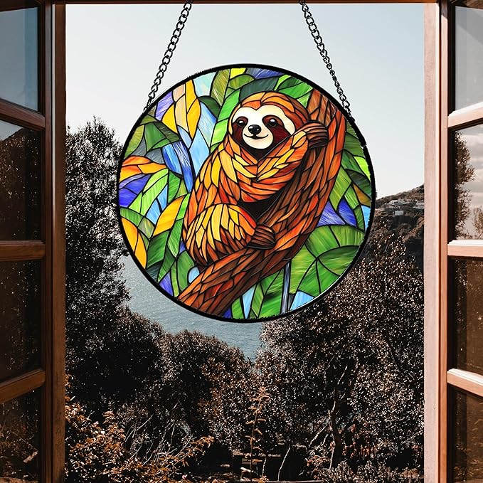 Stained Glass Window Hanging - Funny Sloth Suncatcher for Doors Garden Patio Cute Sun Catchers Decor Christmas Mother's Day Birthday Teenager Gifts for Women Men Mom Nana Friend 6.3 in