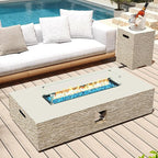 UPHA 56-inch Outdoor Propane Gas Fire Pit Table 50000 BTU Concrete Rectangle FirePit for Outside Patio with Propane Tank Cover, Wind Guad, Blue Glass Rocks, Rain Cover, Beige Texture