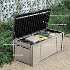 DWVO Outdoor Louver Storage Deck Box w/120 Gallon Capacity, Large Storage Box for Outdoor Pillows, Garden Tools and Pool Supplies, Resin, Waterproof, Lockable (Black & Brown)