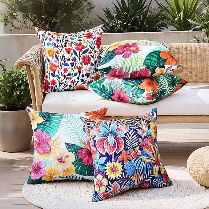Outdoor Pillow Covers 18x18 Inch Set of 2 Tropical Floral Plants Boho Throw Pillows Cases Waterproof Square Garden Cushion Sham for Patio Funiture Tent Balcony Bench Sofa Couch, Blue