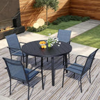 5 Pieces Round Dining Table Set for 4, Patio Dining Set Includes 4 Blue Stackable Patio Chairs and 1 Black Round Table, Patio Furniture Setss with Sling Support for Outside, Garden
