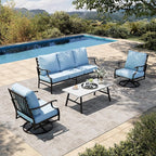 HERA'S HOUSE 4 Piece Patio Furniture Set, 2 x Swivel Cushioned Chair, 3-Seat Sofa with Marbling Coffee Table, All Weather Outdoor Conversation Set for Lawn Garden Backyard, Blue