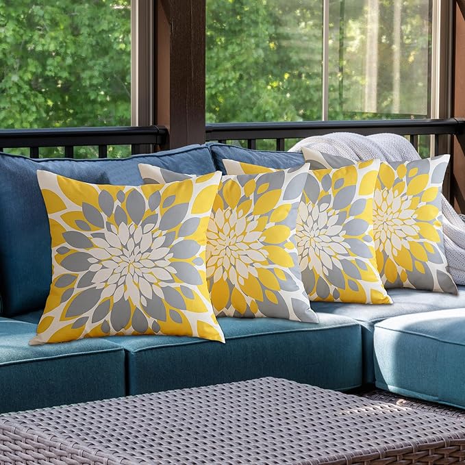 Qahing Pack of 4 Fall Outdoor Waterproof Pillow Covers 18x18 Decorative Outdoor Throw Pillows Garden Square Cushion Cases for Patio Furniture, Couch, Tent Sunbrella, Bench, Mustard Yellow Grey