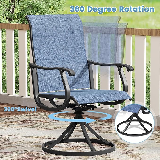 DIFY 7 Pieces Outdoor Patio Dining Set, 6 Blue Textilene Swivel Dining Chairs and 53.1" Black Round Metal Dining Table, Outdoor Table and Chairs