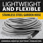 Bionic Steel 25 Ft Metal Garden Hose with Nozzle, 25Ft x 5/8 In. Premium 304 Stainless Steel Metal Water Hose, Flexible Non Kinking, Lightweight, Heavy Duty, for Yard, Outdoor