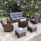 7 Pieces Patio Furniture Sets with Fire Pit Table, Wicker Rattan High Back Outdoor Swivel Rocking Chairs Set with 3-Seat Couch, Ottomans and Side Table