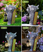Nacome Highland Cow Garden Statue for Decor: Outdoor Sculpture with Solar Lantern and Welcome Sign for Outside Ornament Yard Art Lawn Porch Patio Balcony - Birthday Gifts for Women Mom(Gray)